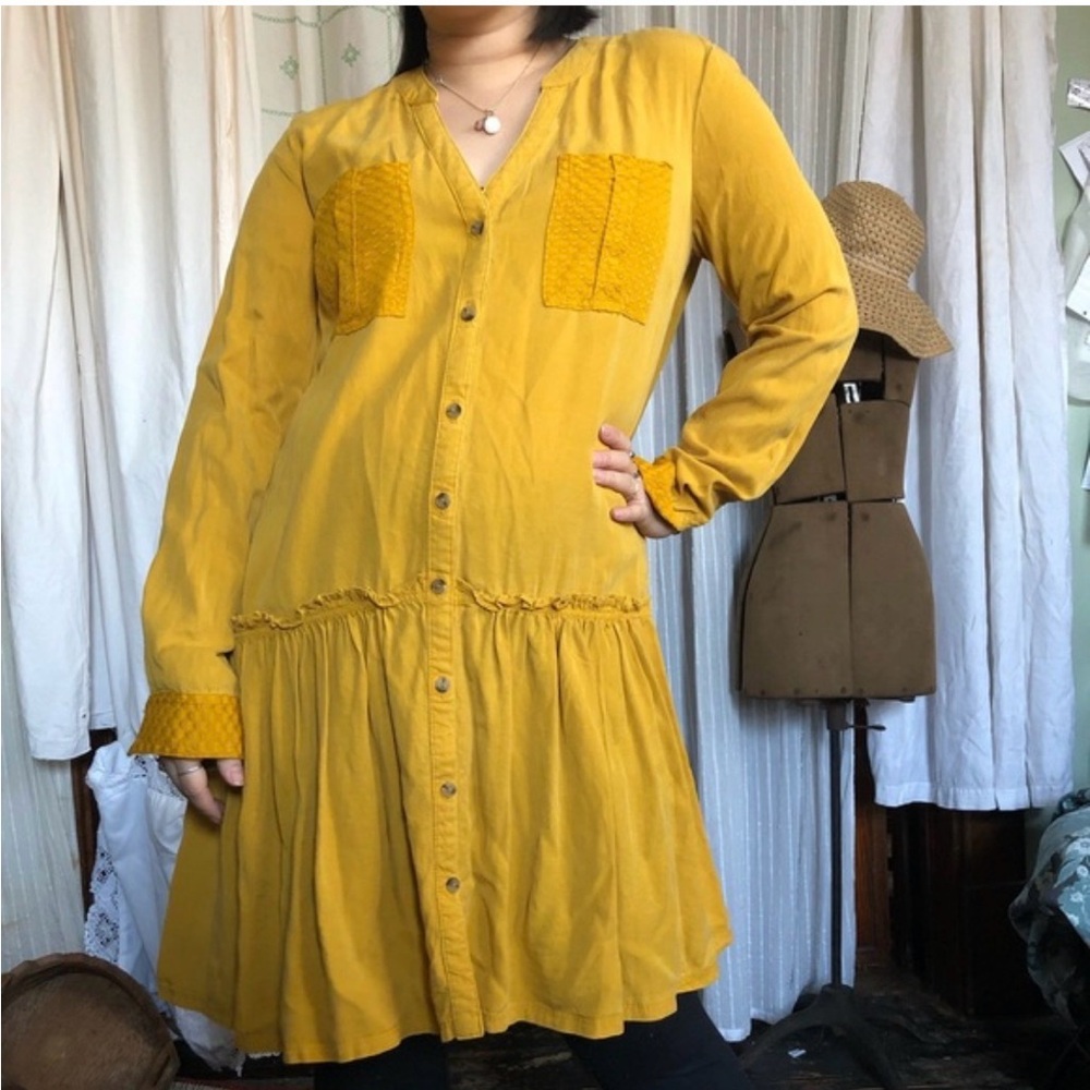 Anthropologie Maeve Marlie Long Sleeve Button Front Tunic Dress Sz 2 Mustard - Picture 2 of 8